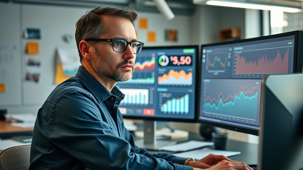 marketing analyst monitoring SEO dashboard for small business performance tracking