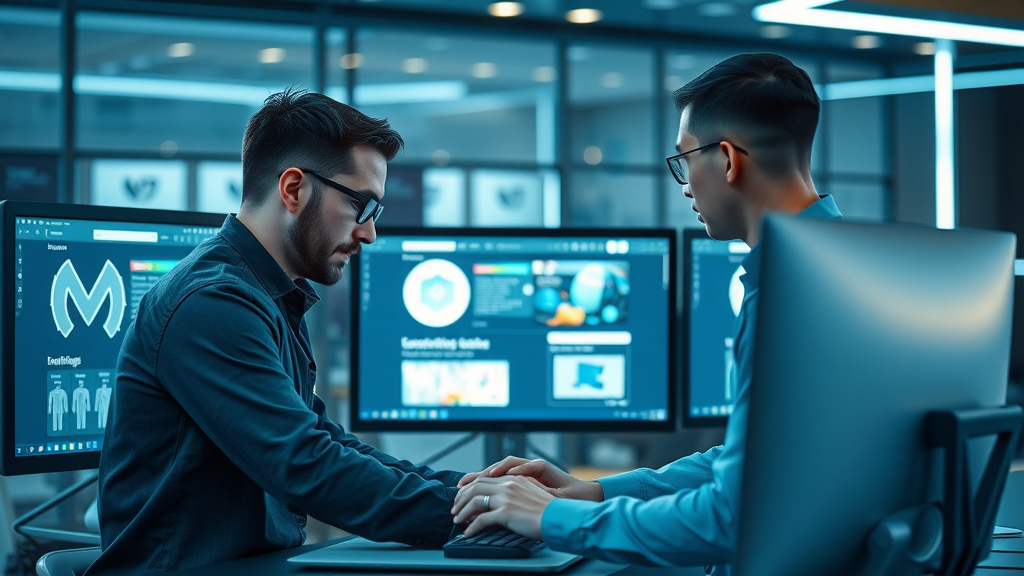 Futuristic web design team collaborating around a digital interface - web design trends
