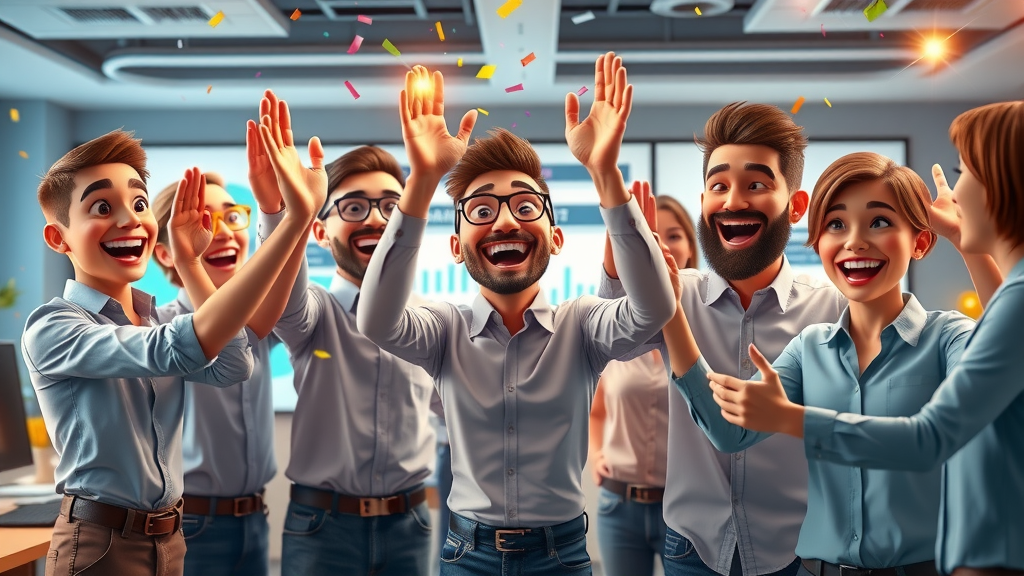 Marketing team celebrating successful social media campaign, digital dashboards, campaign trophies, joyful high-fives, vibrant office, animated confetti