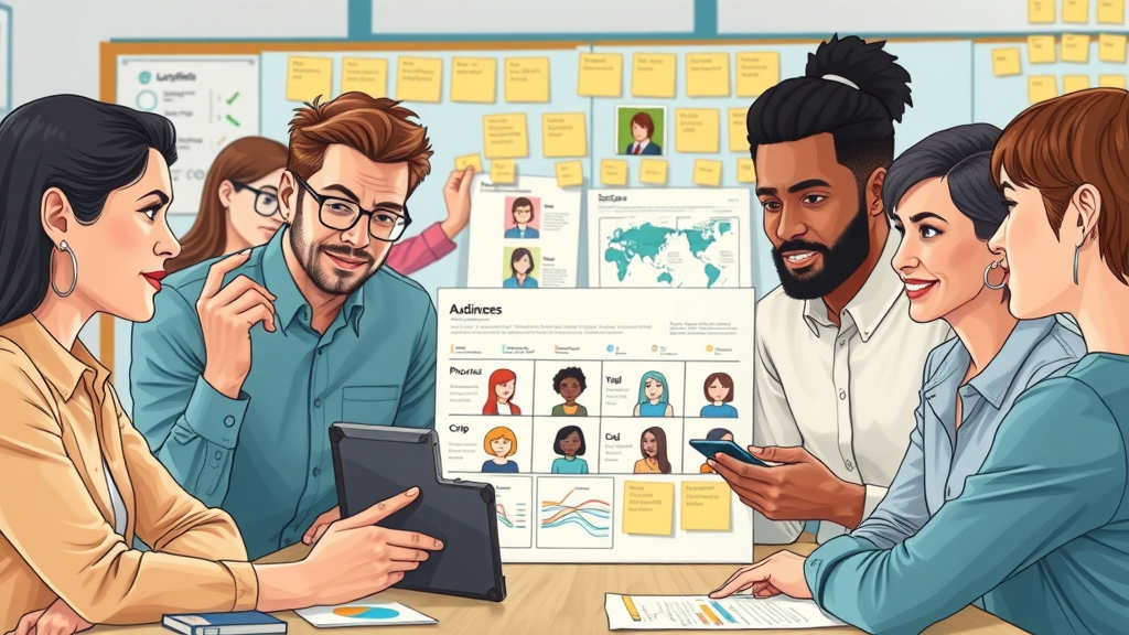 Diverse professionals developing customer personas for content marketing lead gen, creative workspace setting