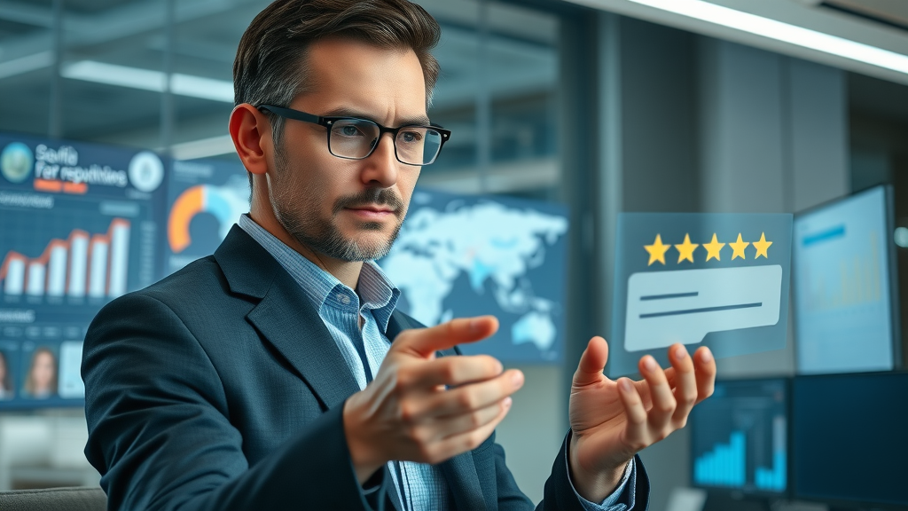 online reputation management businessperson reviewing online reviews digital analytics modern office