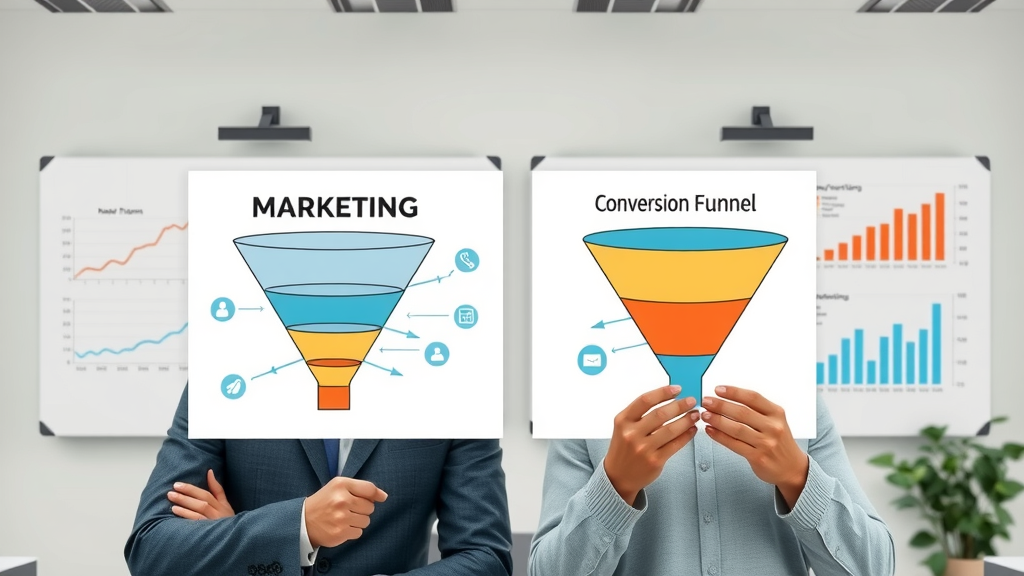 Comparison between marketing funnel and conversion funnel visualized in a modern business setting, digital diagrams