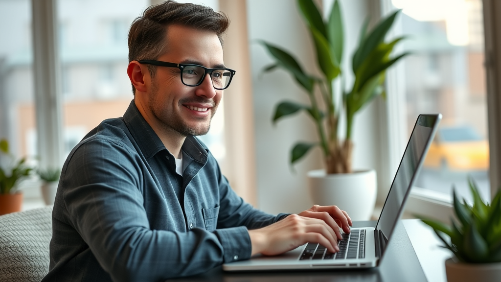 professional marketer updating Google Business Profile, satisfied expression, cozy workspace, google business, local seo