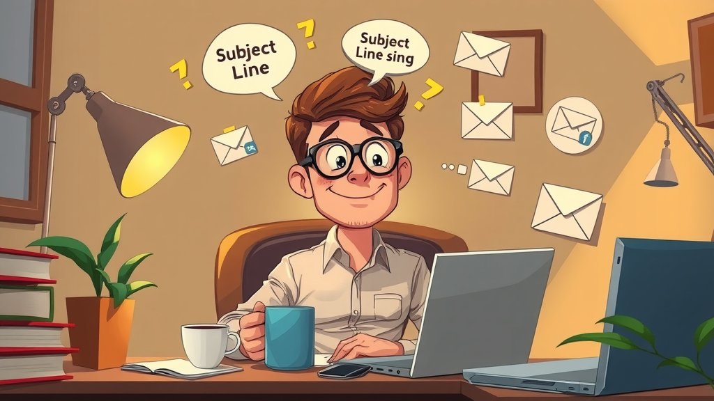 Creative copywriter brainstorming subject line ideas for marketing email in cozy office