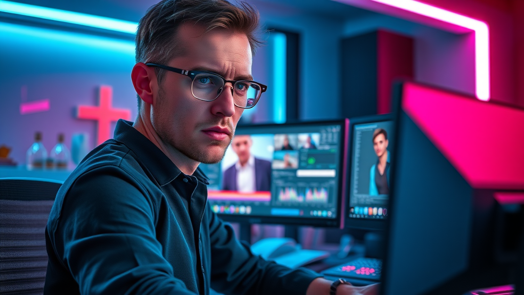 video editor at workstation editing content on dual monitors in a modern studio
