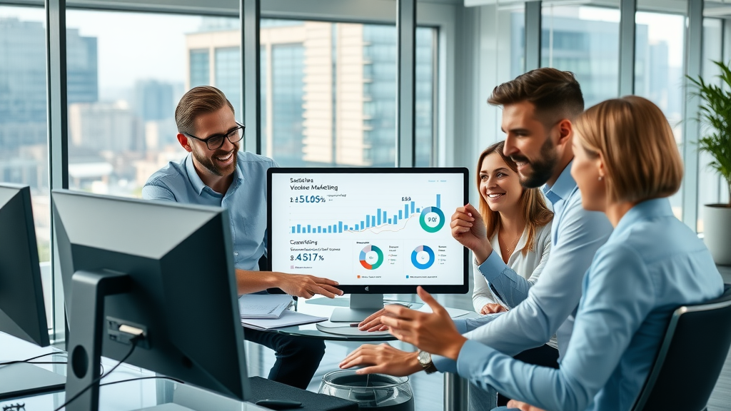 Modern office professionals reviewing video marketing statistics using video marketing tools.
