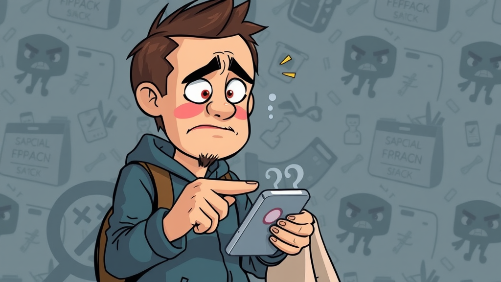 Disappointed mobile shopper facing frustrating website, tapping unresponsive button, illustrated in messy cluttered scene.