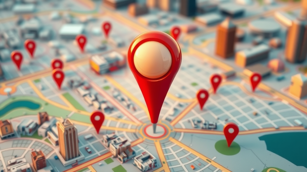map pin icon rising above city map, main pin glowing, business directories, google maps, local pack