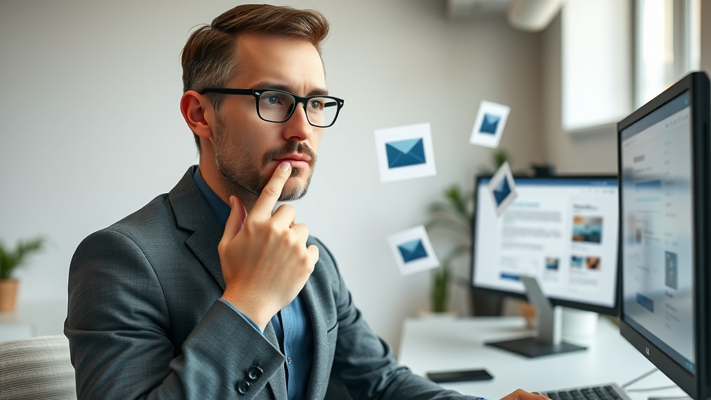 Professional marketer reviewing various email marketing campaign types on computer screens