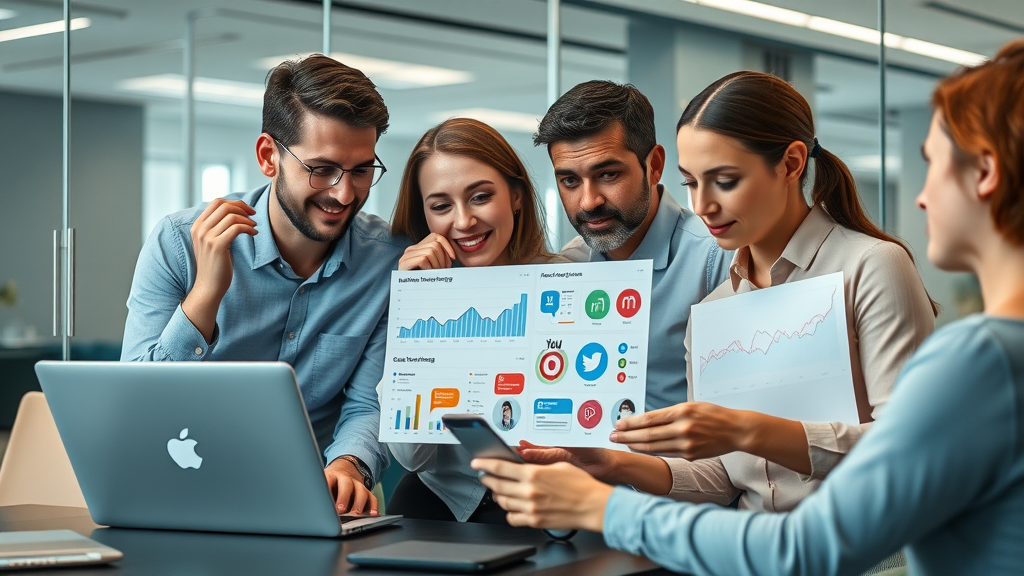 social media marketing team collaborating over digital analytics