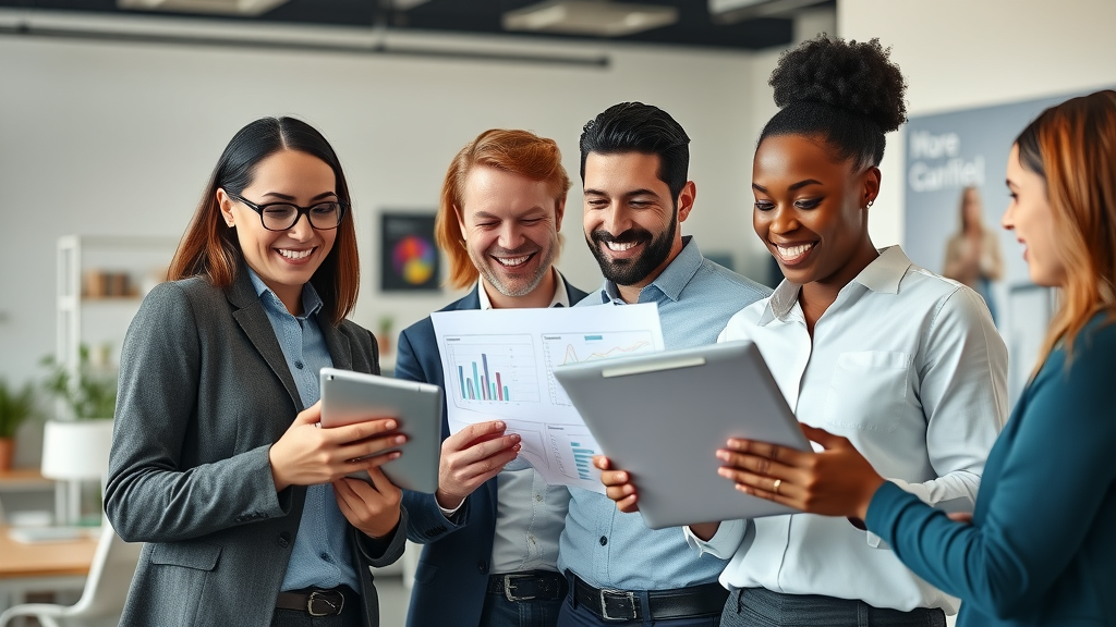 small business marketing tips diverse team analyzing marketing charts modern office