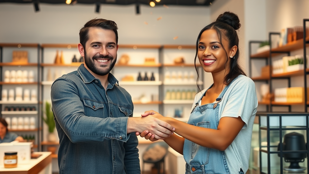 friendly influencer and small business owner shaking hands over a product partnership in a boutique - influencer marketing for small businesses