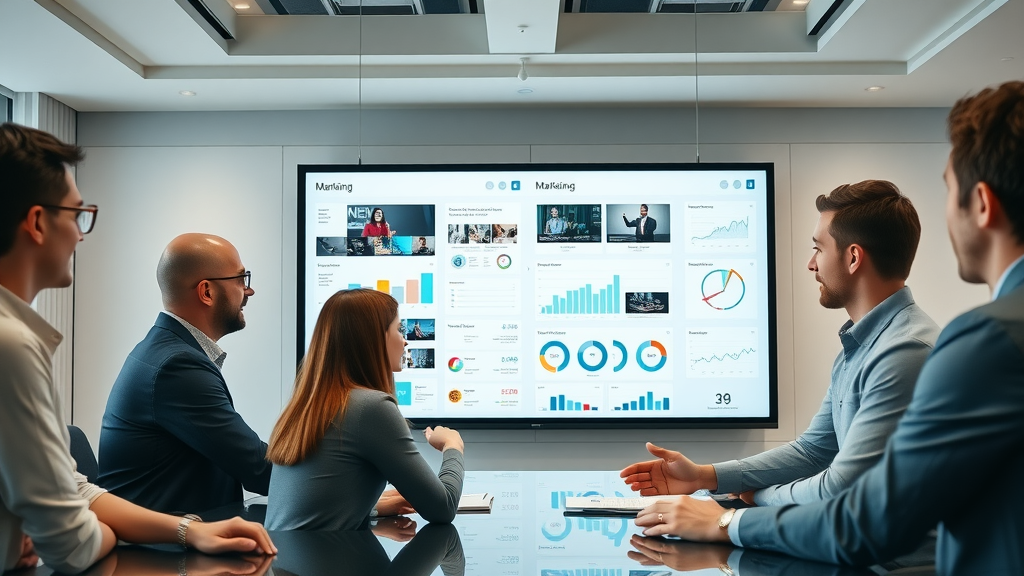 Marketing team collaborating on unified video marketing strategy around a digital whiteboard.