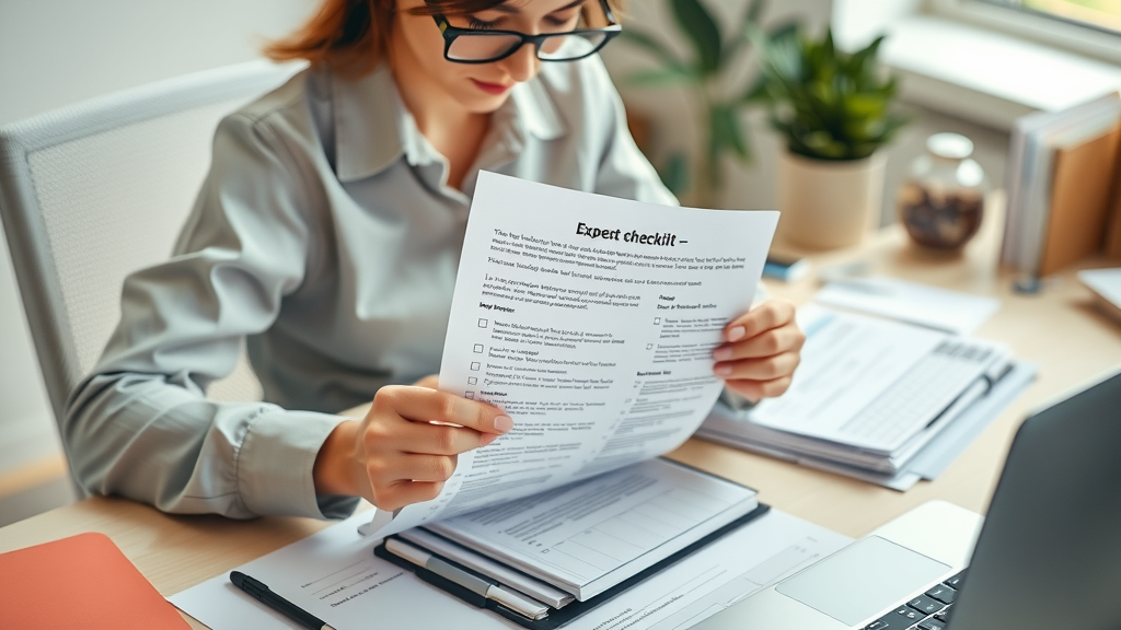 expert blogger reviewing a checklist while drafting a guest post at a tidy workspace with printed guidelines