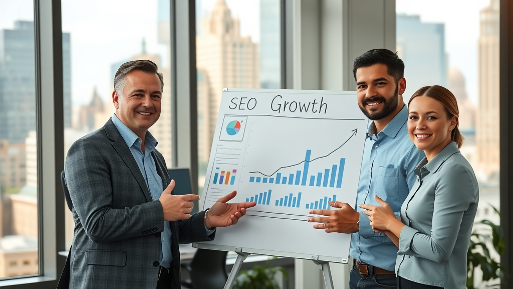 small business SEO team discussing SEO growth metrics on a digital whiteboard in a city office