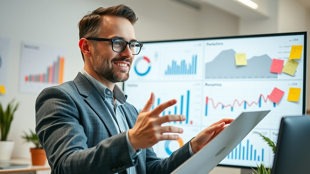 Bright analytics dashboard, local business social media tactics, business leader reviewing performance metrics, charts, interactive graphical elements