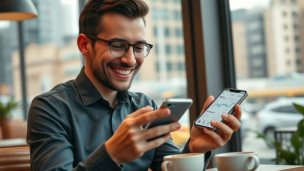 focused business owner reviewing local business video ad analytics on smartphone