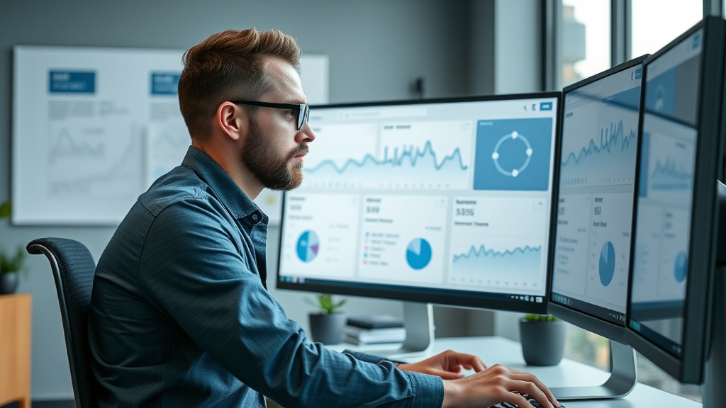 SEO expert reviewing backlink profile and search engine ranking performance on monitor