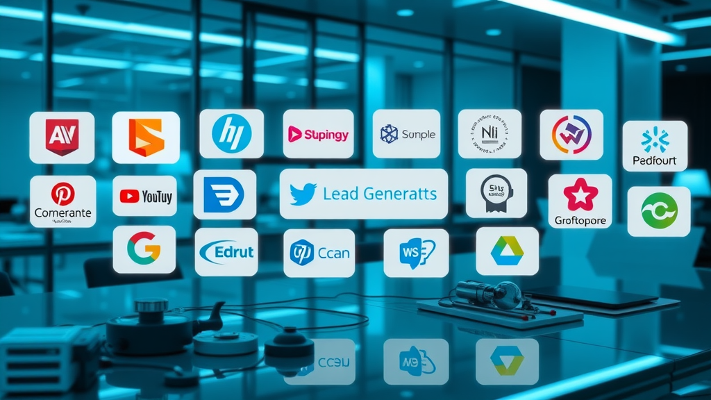 array of small business lead generation software logos and user interfaces, digital devices professional setting