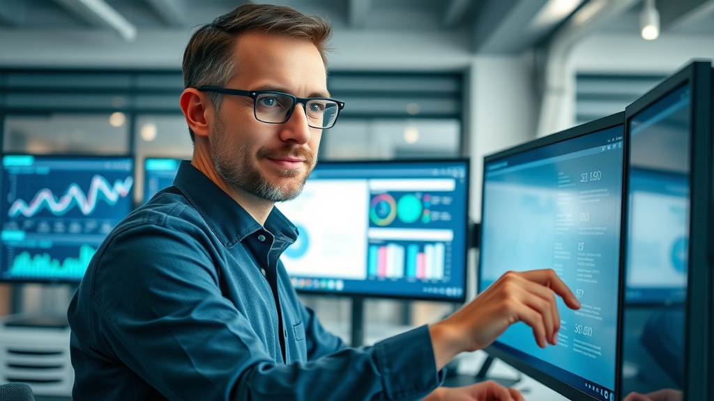 professional website analyst reviewing website on monitor with SEO charts; on-page optimization in modern office