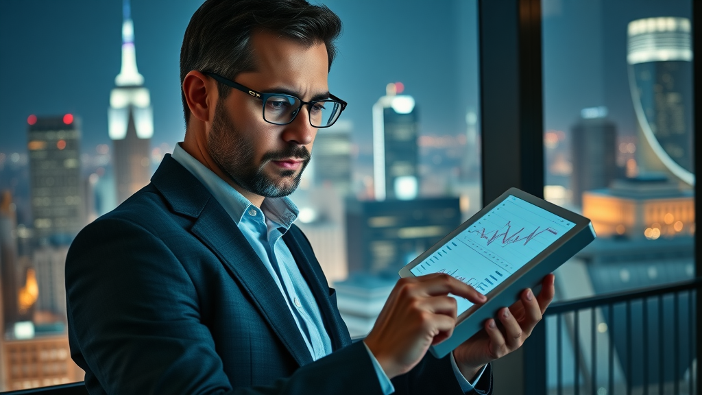 dedicated analyst measuring online brand performance KPIs, reputation management dashboard, city skyline office