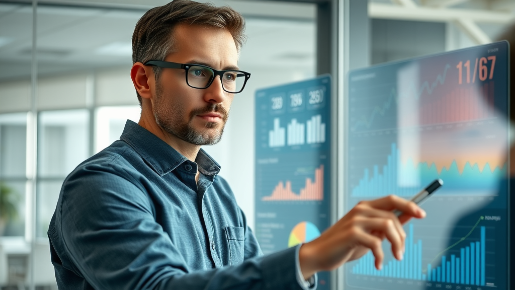 Marketing analyst reviewing analytics dashboards in a modern office - content marketing, marketing strategy