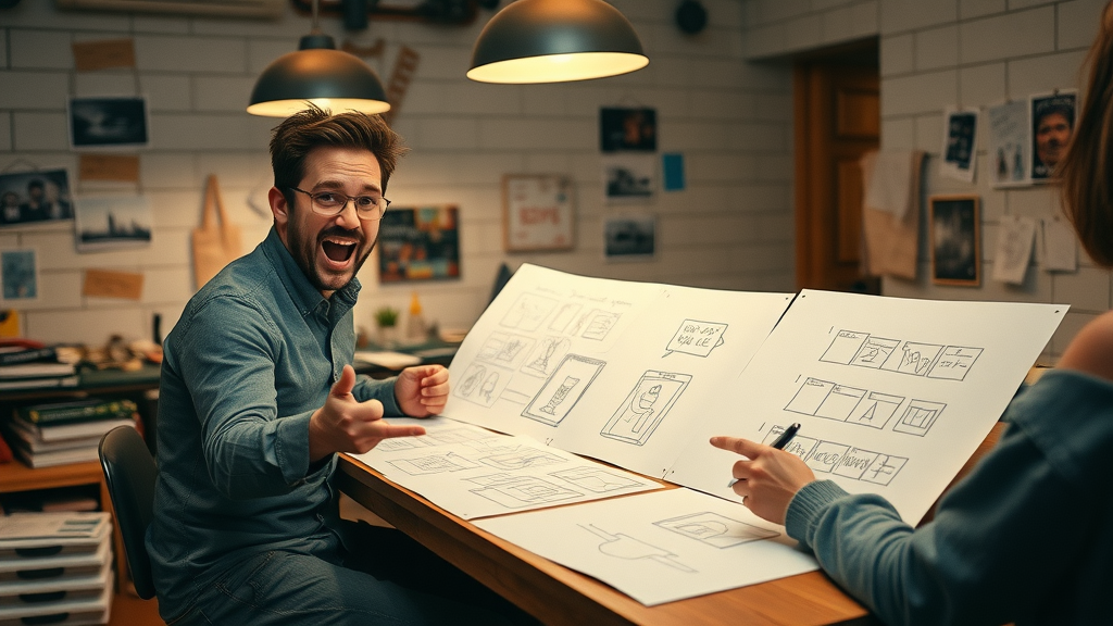 scriptwriter and director collaborating on video storyboarding with creative sketches and ideas for engaging video content