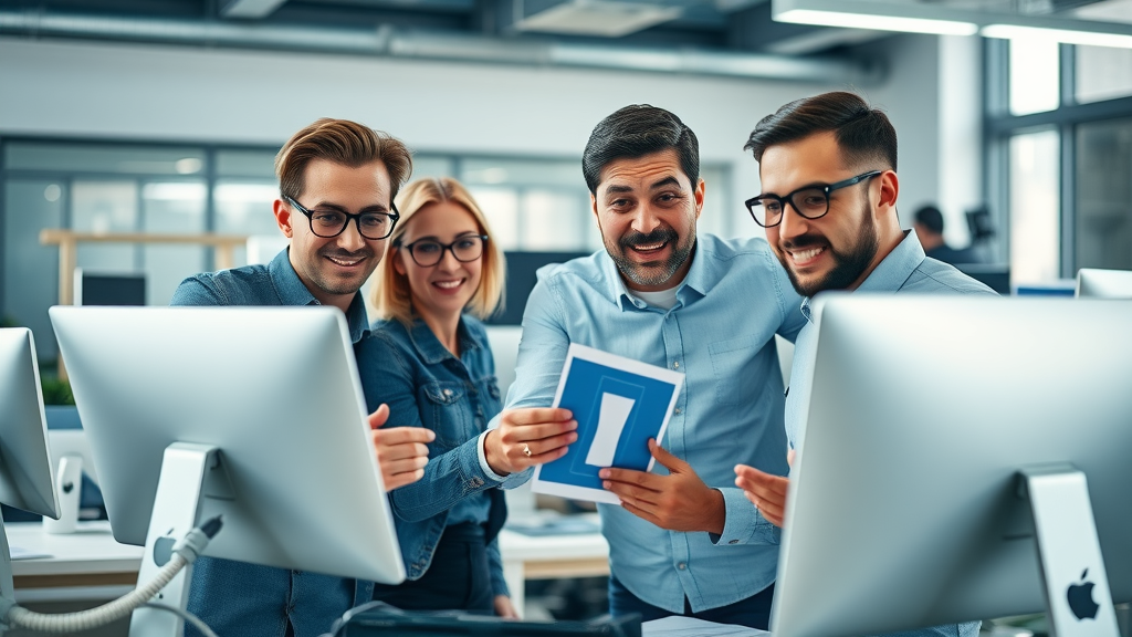 user experience website design team collaborating in modern workspace