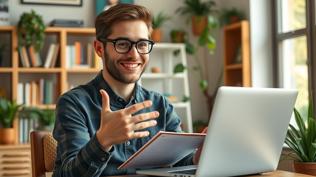 social media advertising ideas social media expert answering FAQ with laptop and notepad, creative office background