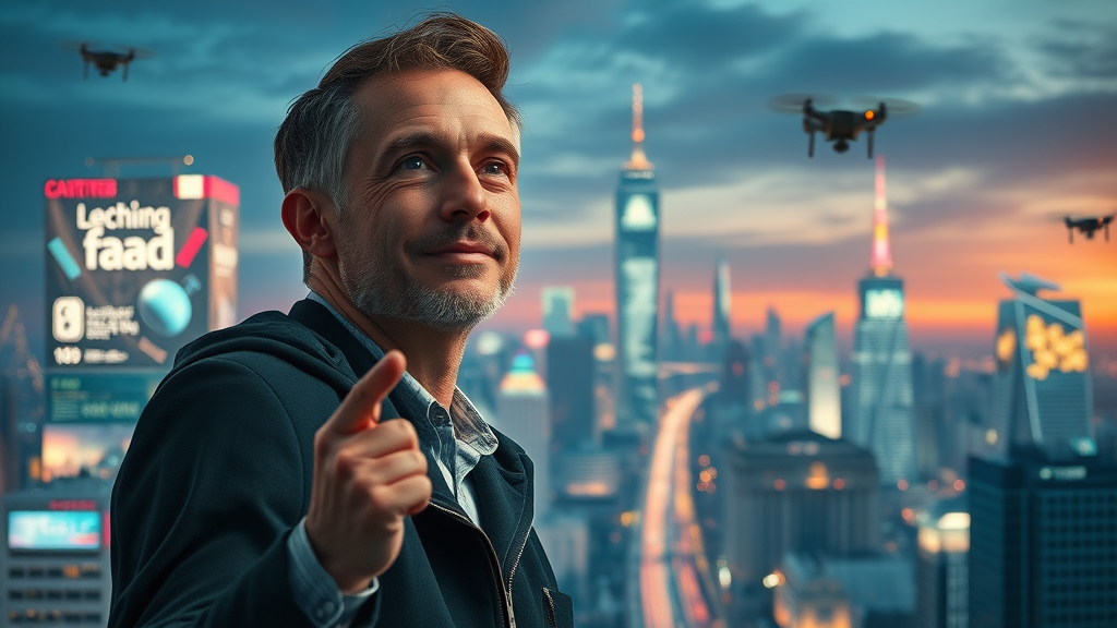 visionary marketer looking at the future of digital advertising trends in a futuristic city with data streams
