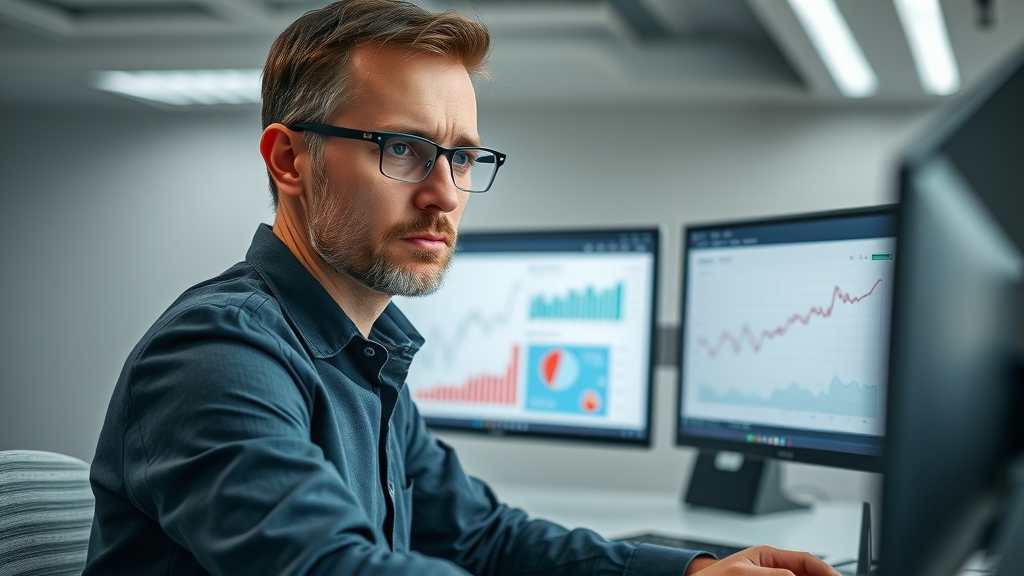 focused analyst viewing web analytics dashboard with graphs and charts, tracking guest post performance