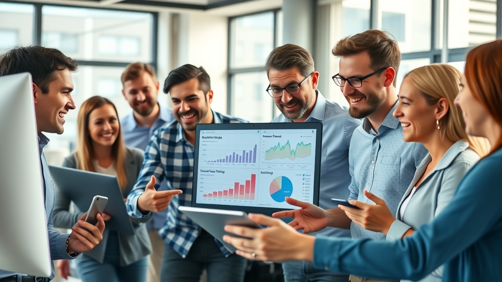 Dynamic group of digital marketers analyzing social media data - social media marketing strategies, modern office, visible dashboards