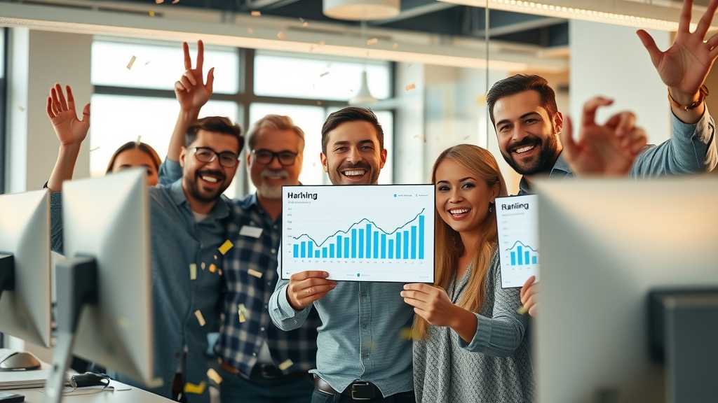 Cinematic scene of a jubilant marketing team celebrating rising search rankings with computer displays showing upward trending graphs, representing search algorithms and real-world SEO breakthroughs.