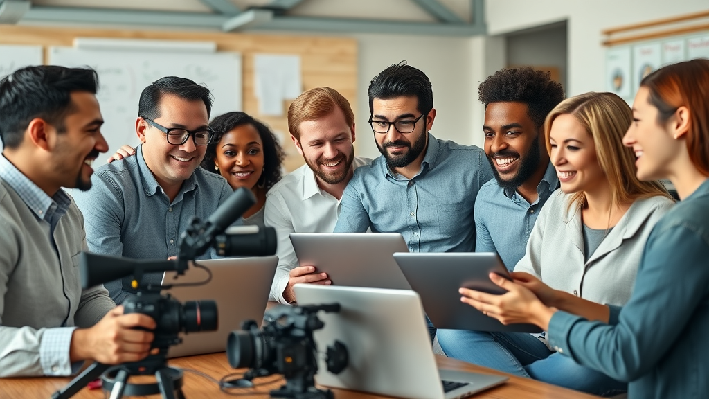video content creation strategy marketing team collaborating in creative office