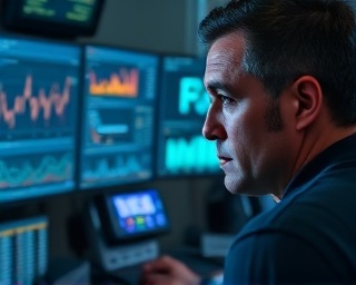 digital marketing insights, inquisitive expression, examining analytics, photorealistic, techy workspace with multiple monitors displaying data, highly detailed, interactive digital elements and graphs, crisp clarity, cool tones, evening indoor lighting, shot with a 35mm lens.