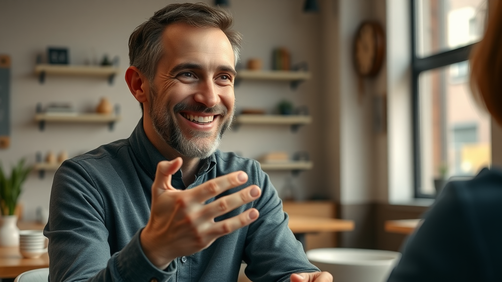 Small business video tips - happy client giving video testimonial in cozy cafe