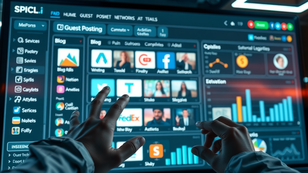 innovative digital platform interface showing various guest posting networks and blog categories