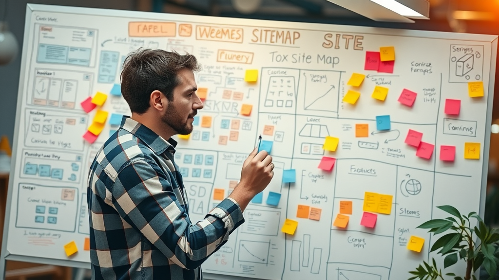 ux designer mapping information architecture and user flows on whiteboard