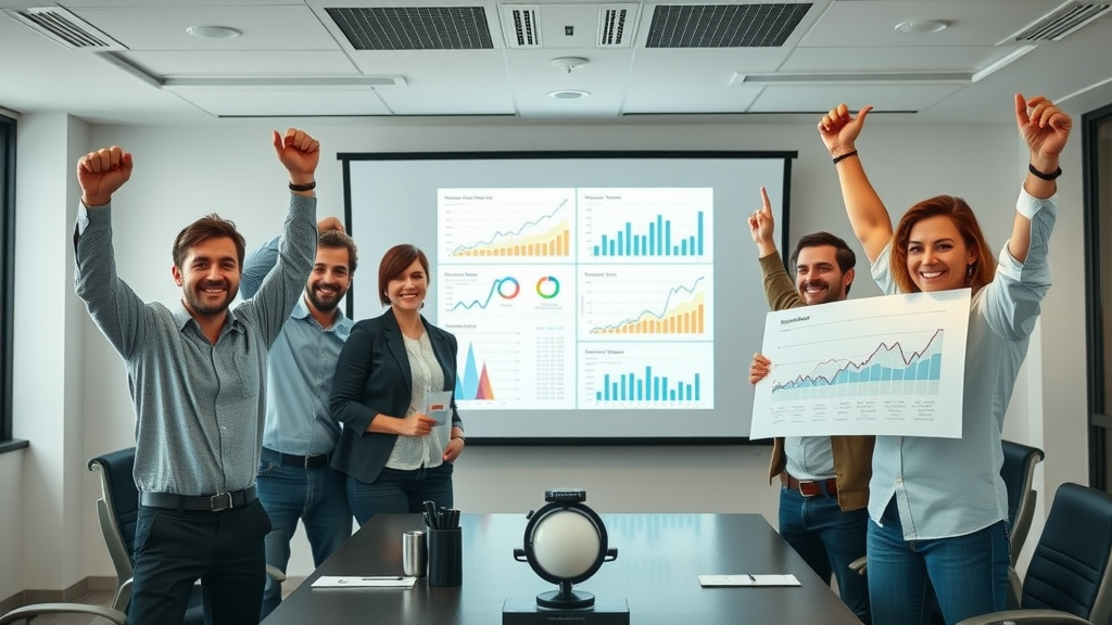 Marketing team presenting successful email marketing campaign case study results in modern conference room