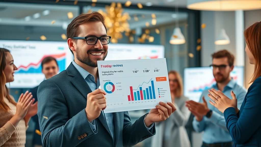 brand manager celebrating improved online review stats team positive turnaround modern meeting