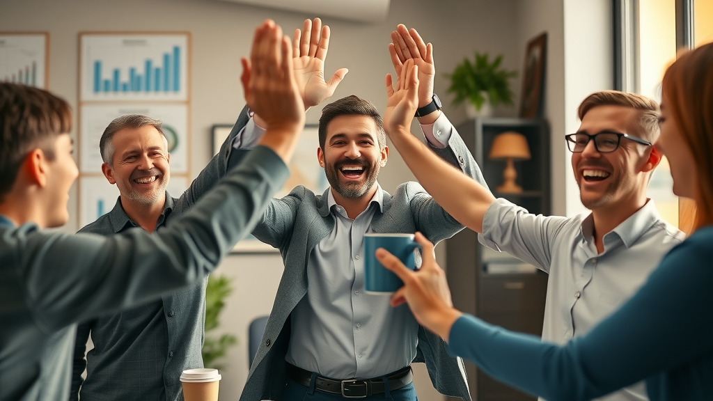 small business lead generation case studies successful business owner celebrating with team, sales charts, high fives