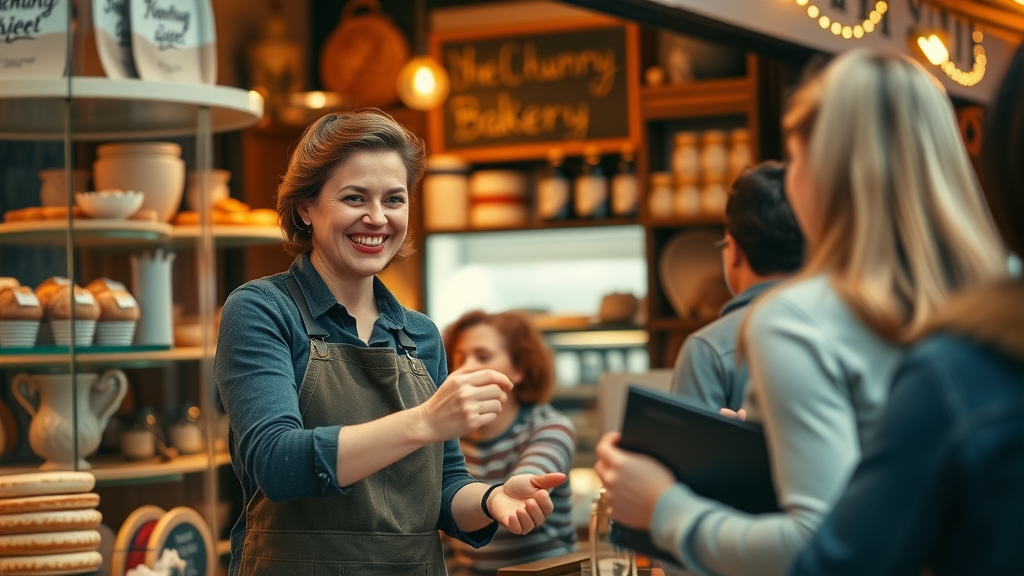 small bakery owner assisting customers, budget-friendly marketing success story