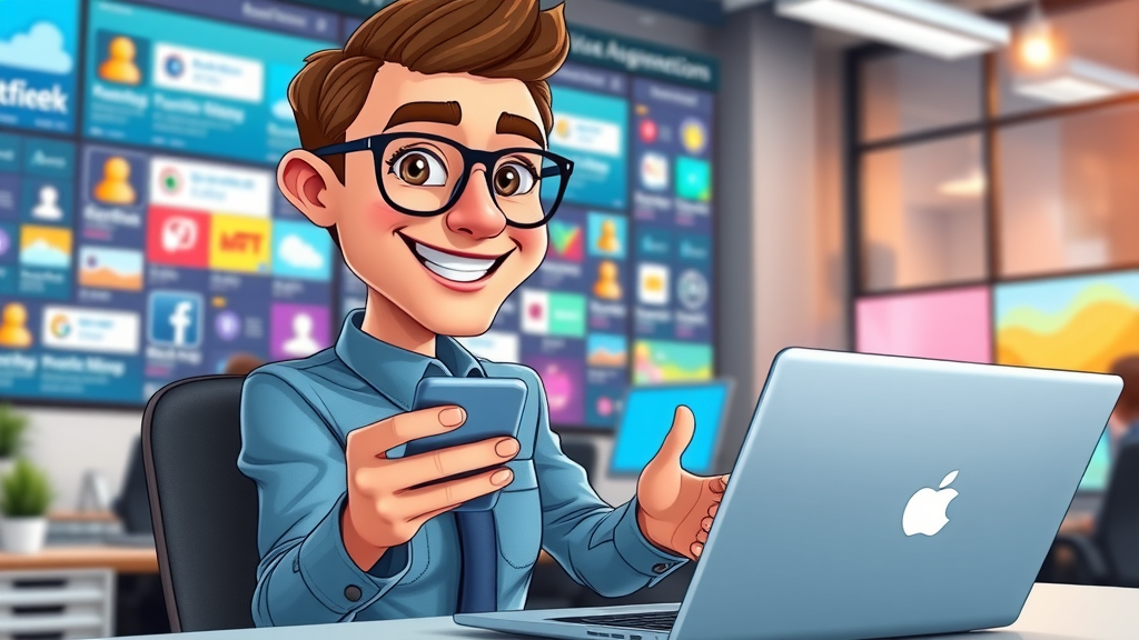 engaging social media manager curating brand messaging across platforms, vibrant office, consistent brand voice, social media engagement
