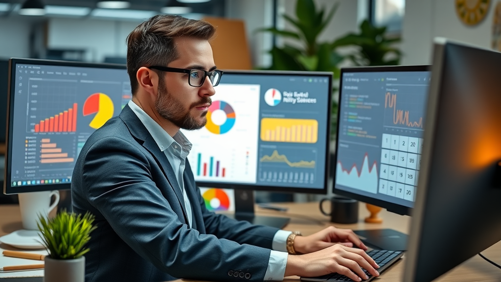 Business owner analyzing local business lead generation tools and dashboard reports