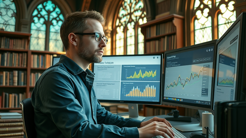 SEO analyst reviewing visual search trend graphs and seasonality keyword research