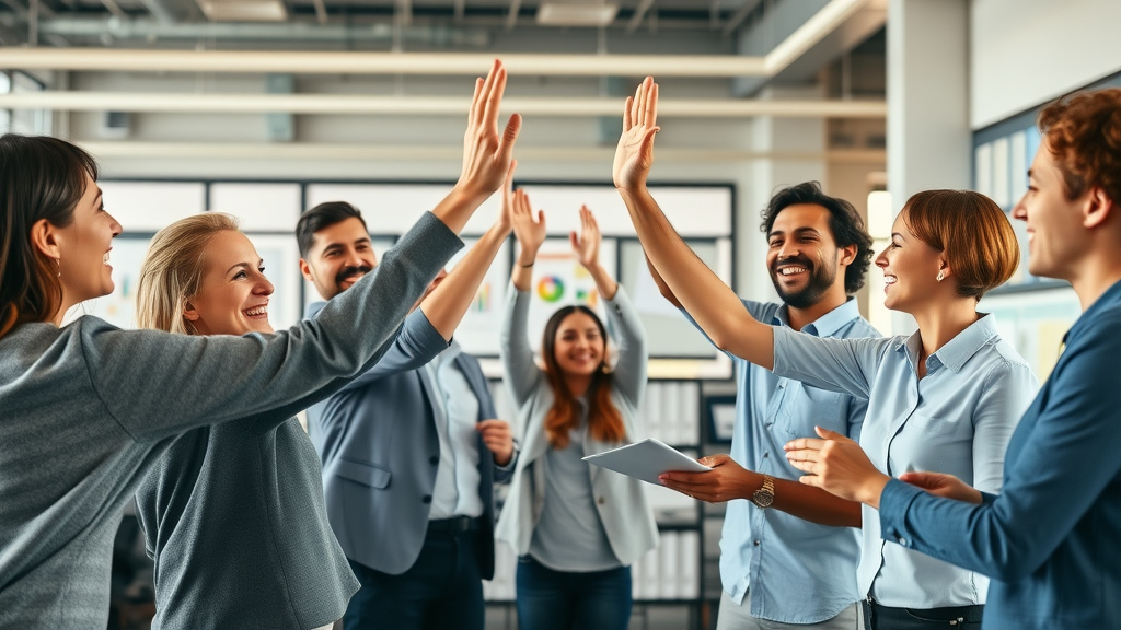 Diverse sales and marketing team celebrating collaborative lead generation strategy
