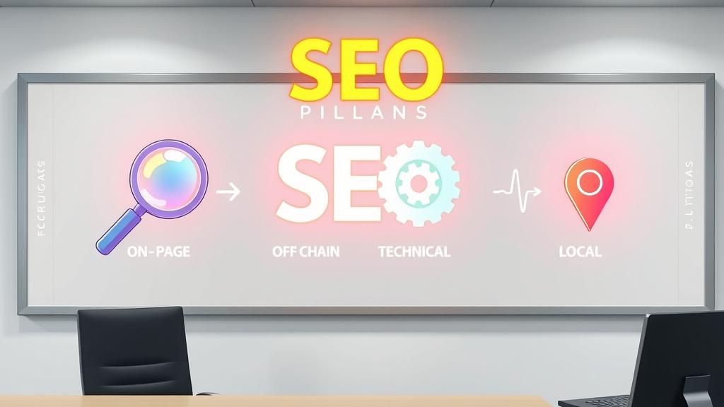 Four pillars of search engine optimization illustrated as glowing infographic icons