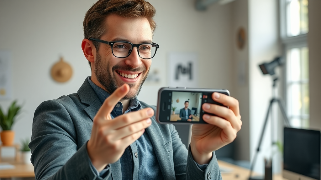 affordable video marketing small business owner filming product with smartphone in modern workspace
