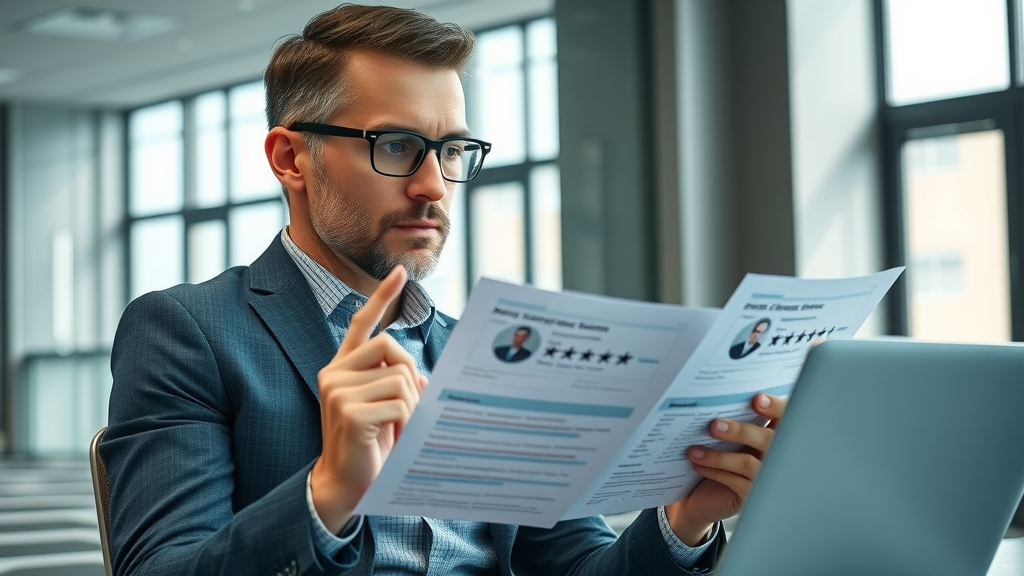 insightful marketing manager comparing online reviews and traditional reputation reports, thoughtful expression, media presence analytics