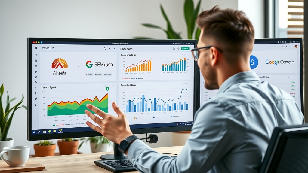 SEO tools Ahrefs, SEMrush, Google Search Console dashboards for search engine optimization analysis